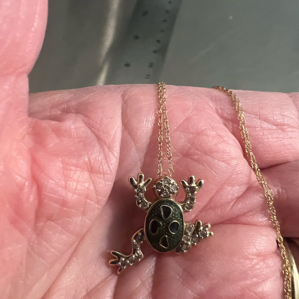 10K Yellow Gold, Enamel & Diamond Frog Charm on 14K Yellow Gold Fine Chain